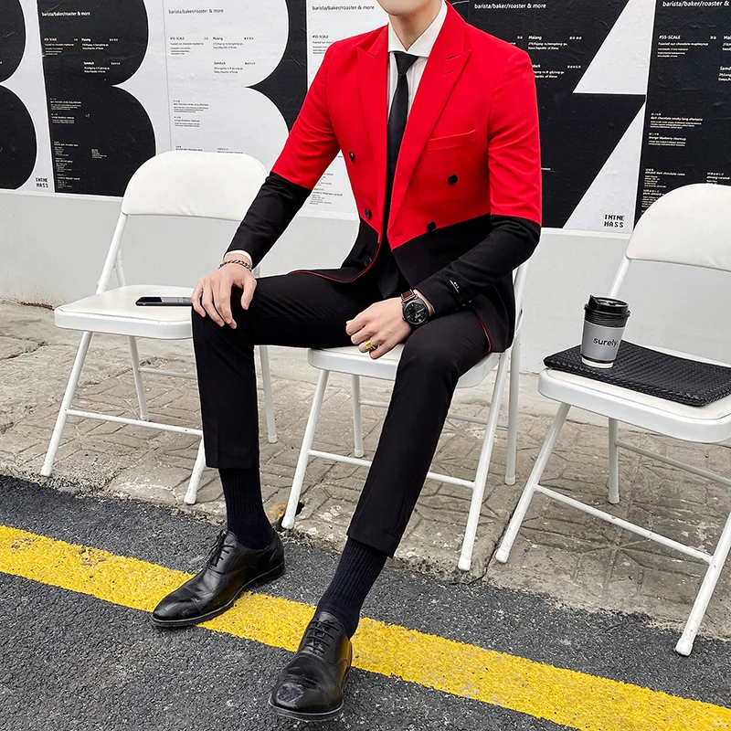 Red Blazer and pant Traje Novio, мужские вечерние костюмы контрастных цветов, мужские костюмы для сцены, приталенные костюмы, брюки для выпускного, двубортный костюм, мужской костюм - Цвет: Red Blazer and pant
