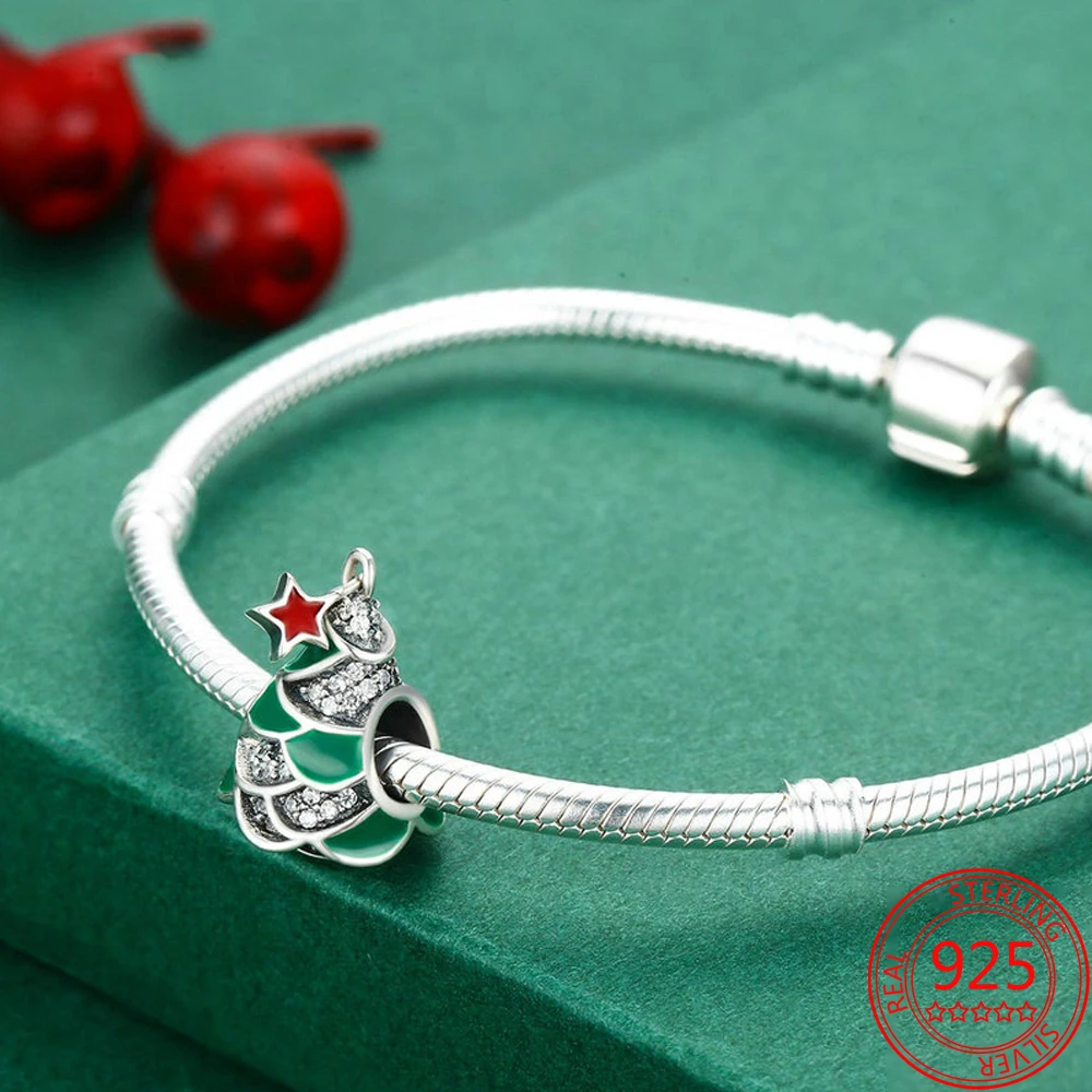 S925 Sterling Silver Enamel Charming Green Christmas Tree Dangle Charm Fit Original Brand Bracelet DIY Jewelry Accessories | Украшения и