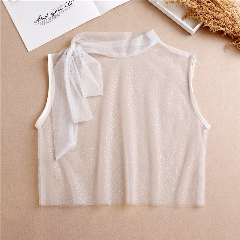 

2020 Женский вышитый ажурный сетчатый кружевной Цветочный вырез женский базовый Поддельный Воротник пуловер с ложным воротником Блузка с ла...