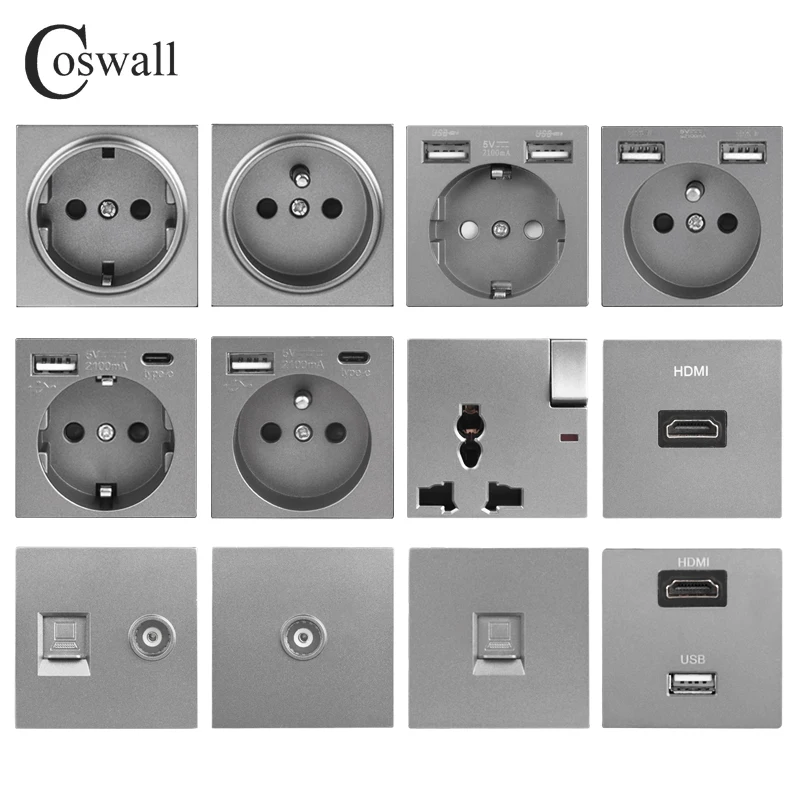 

COSWALL C1 E20 X2 L1 S08 Grey Gray EU US UK Universal Socket Type-C USB Charger Audio Outlet Module DIY