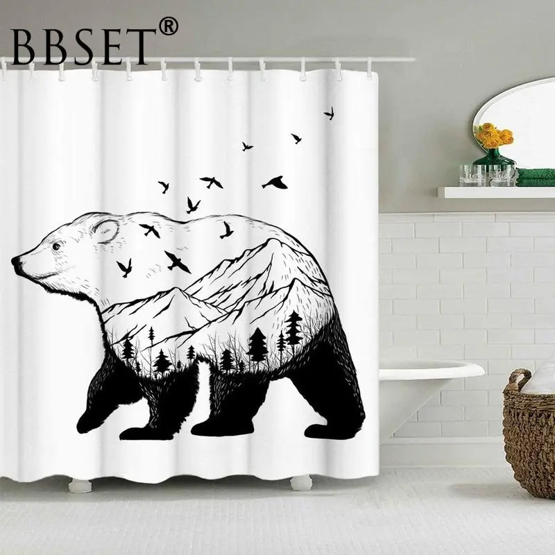 

Animal Shower Curtain Bear Silhouette with Forest Trees and Birds Pattern Waterproof Multi-size Douchegordijn Bathroom Decor