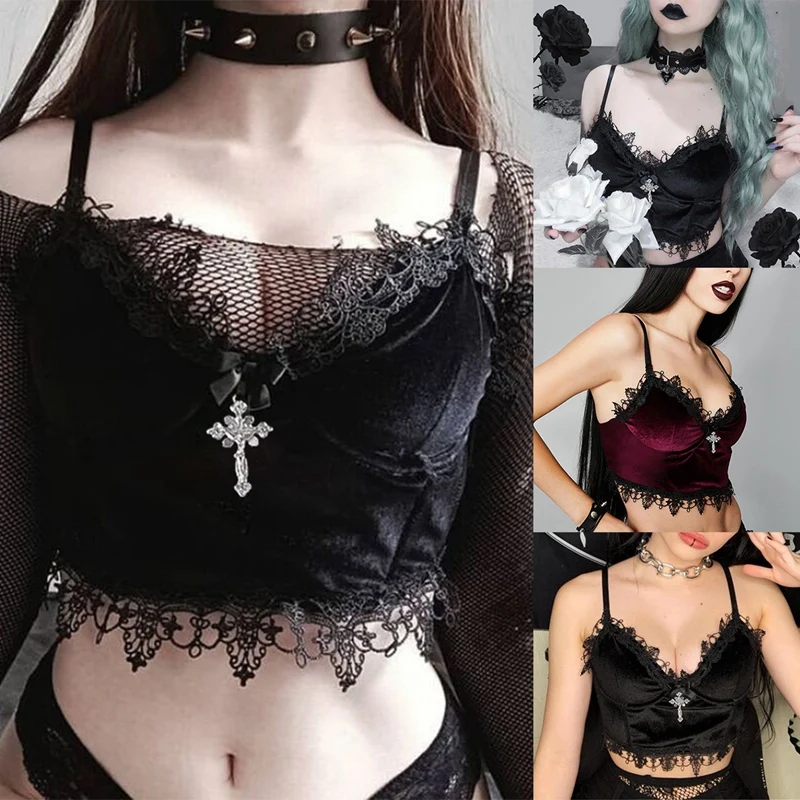 

Gothic Dark Sexy Velvet Camisole Women Harajuku Lace Patchwork Strapless Crop Tank Top