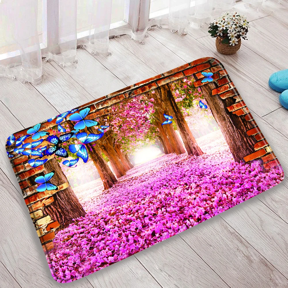 

Creativity Pink Floral Bath Mat Tropical Forest Landscape Living Room Kitchen Non-Slip Flannel Carpet Soft Bathroom Toilets Rugs