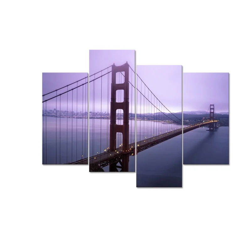 

4 Pieces Canvas Poster on The Wall Golden Gate Bridge Home Decor Poster City Landmark HD Painting Set Framed for Room Decoration