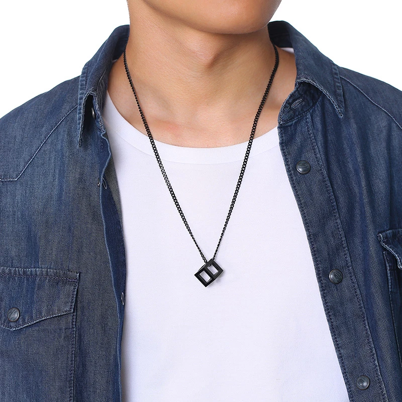 Men Rock Punk Cube Shaped Pendant Necklace 4 Colors Stainless Steel Casual Male Jewelry with 24&quot Curb Chain | Украшения и