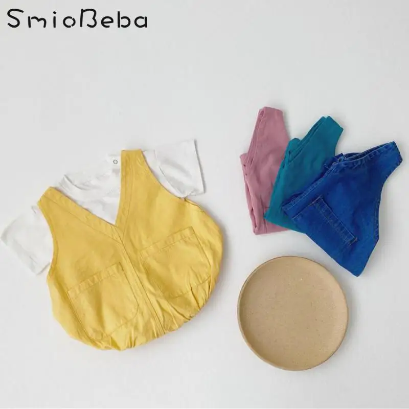 

Ins Summer Korean Baby Cute Romper + Simple White Shirts Two Pieces Set Thin Denim Creeper Solid Color Jumpsuits 2-piece Suits