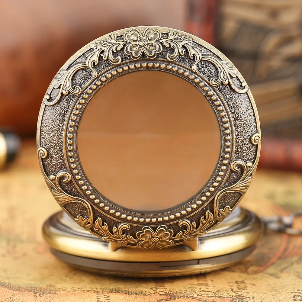 Bronze Pattern Mechanical Hand Winding Pocket Watch Transparent Glass Cover Roman Numeral Retro Pocket Chain Pendant Male Clock