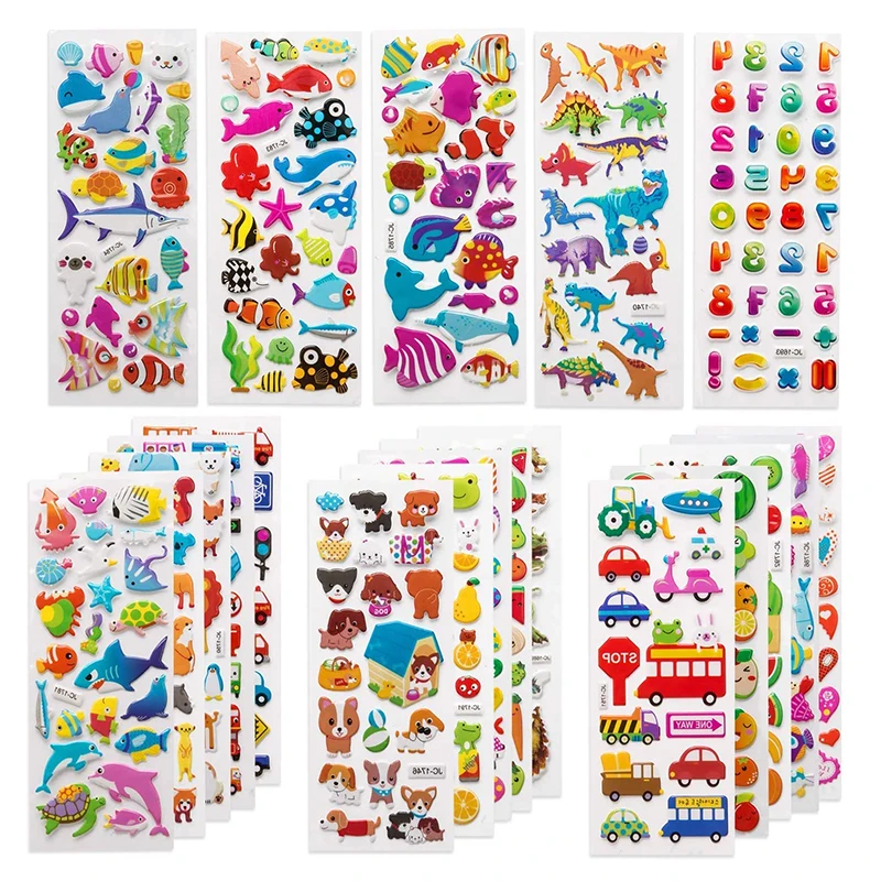 L&aacute;minas difusoras 3D para ni&ntilde;os y ni&ntilde;as, pegatinas hinchables a granel para ni&ntilde;os, animales, peces, coche, dinosaurio, juguetes educativos cl&aacute;sicos de dibujos animados, regalos, 20/8-0