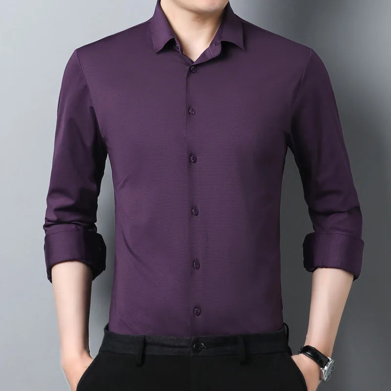 

Leshbert spring and autumn seamless Long Sleeve Shirt Men's young and middle aged elastic casual shirt men's solid color