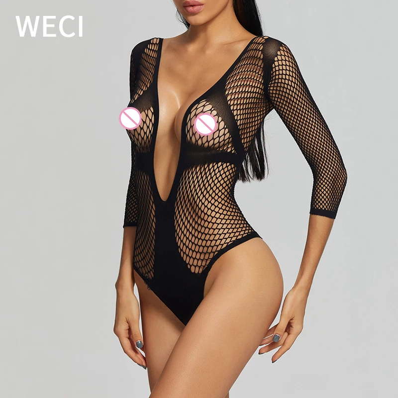 

WECI Fishnet Catsuit Lingerie Sexy Thong Bodysuit Mesh Body Lace Woman Long Sleeve With Neckline Slimness Tights Kapron Two Wear