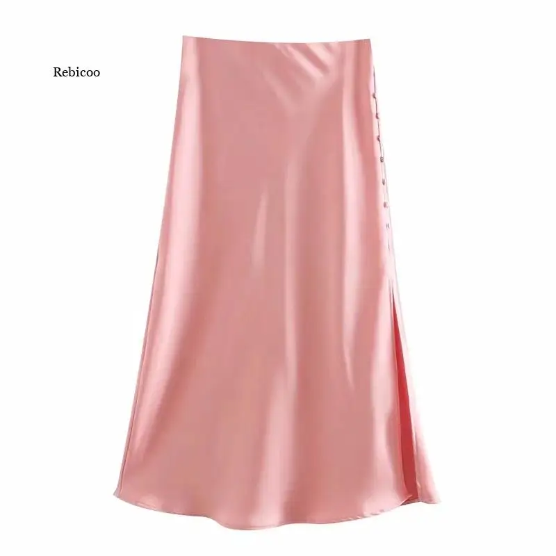 

Solid Satin Elastic waist Women Side Slit Midi Skirt New Fashion Casual Lady Button decoration Slim A-Line Skirts