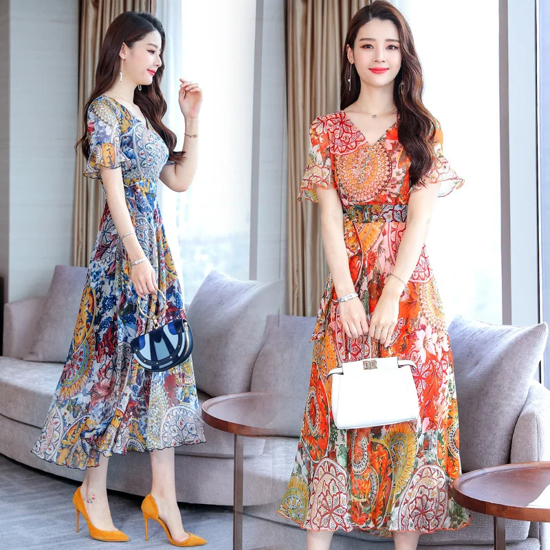 Женское шифоновое платье с цветочным принтом Длинное Элегантное пляжное V