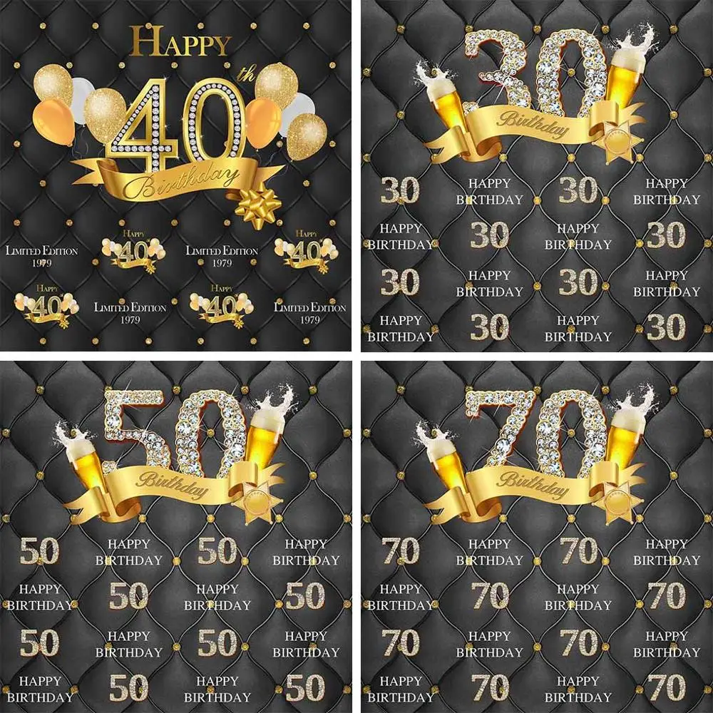 

Avezano 30th 40th 50th Adults Birthday Party Backdrops Black Golden Glitter Balloon Beer Diamond Decor Photography Backgrounds