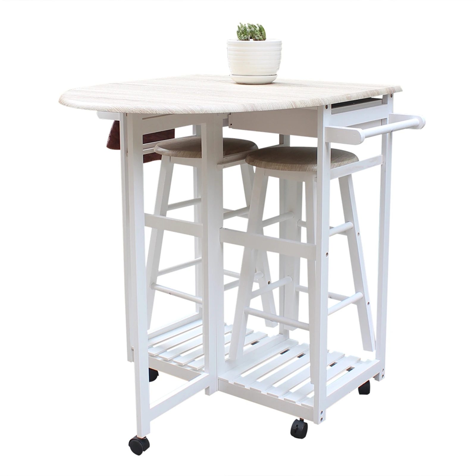 

【USA READY STOCK】FCH Foldable With Wooden Handle Semicircle Dining Cart With Round Stools White,Hand-pushing