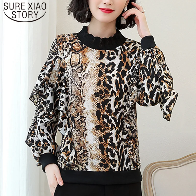 

2022 New Leopard Chiffon Blouse Ladies Top 4XL Casual Womens Tops and Blouses Long Sleeve O-Neck Casual Regular 5469 50