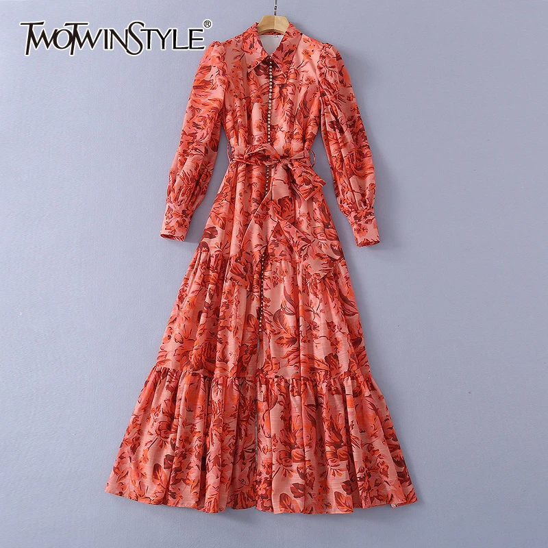 

TWOTWINSTYLE Vintage Print Dress For Women Lapel Long Sleeve High Waist Sashes Slim Maxi Dresses Females 2022 Spring Fashion New