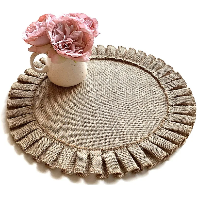 

Rustic Farmhouse Burlap Set. Natural Jute. Ruffled Design(1 Table Runner in 72 in Long + 4 Placemats in 15 in Diameter)