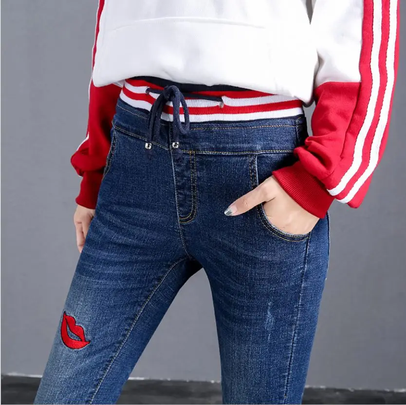 2016 Новый губ джинсовые рваные брюки стиля гранж с эластичной резинкой Женские