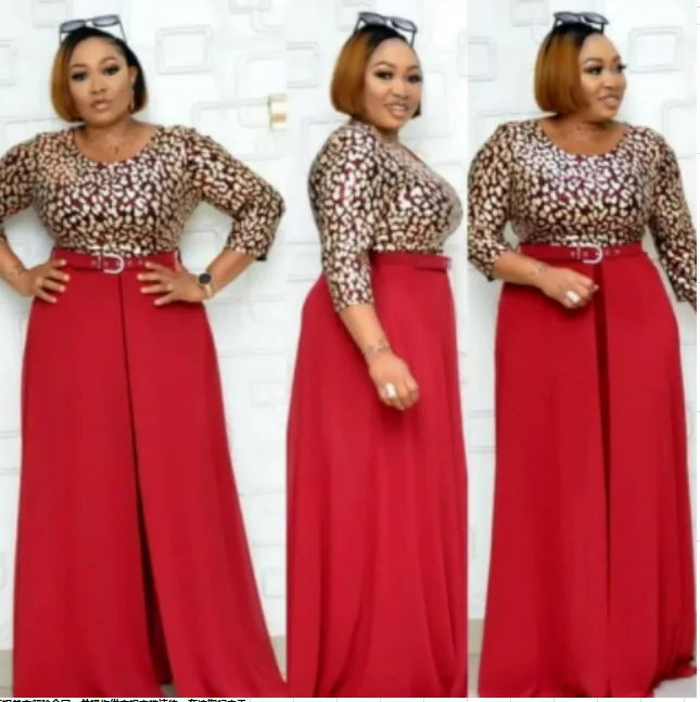 

Two-Piece Dashiki African Clothing Fashion Digital Printing Women T-Shirts And Wide Legs + Belt Band Fork Chiffon Set 2020 New