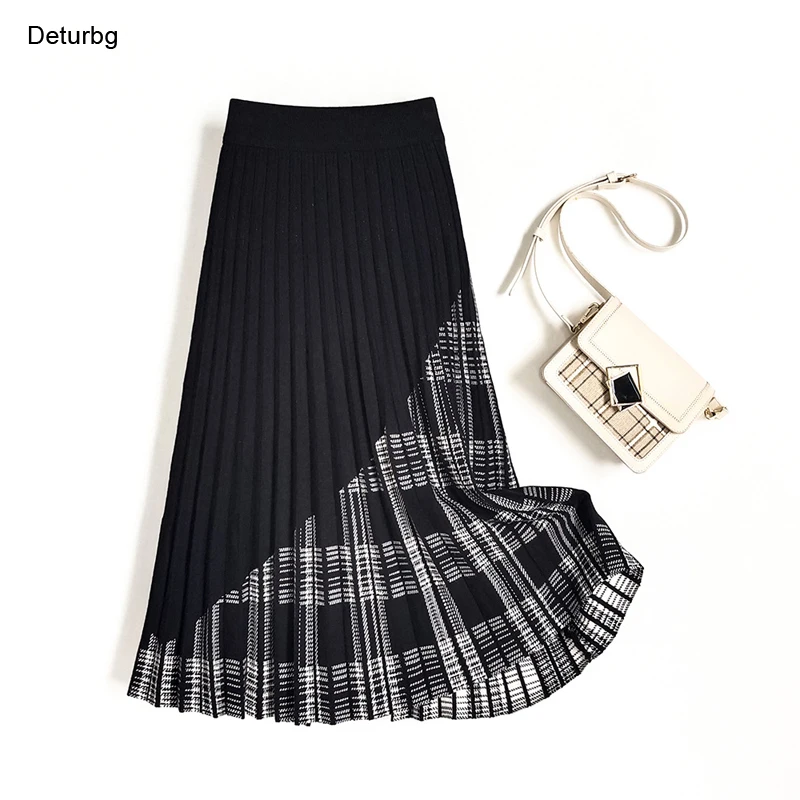 

Women's Top Quality Asymmetric Plaid Pattern Skirt Female High Waist Thick Warm Knitted Pleated Midi Skirts 2021 Winter SK949