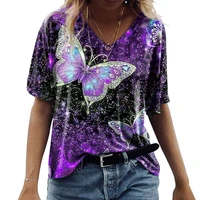summer casual round neck short sleeve shirts fashion butterfly printed women blouses tops summer loose streetwear pullover d30