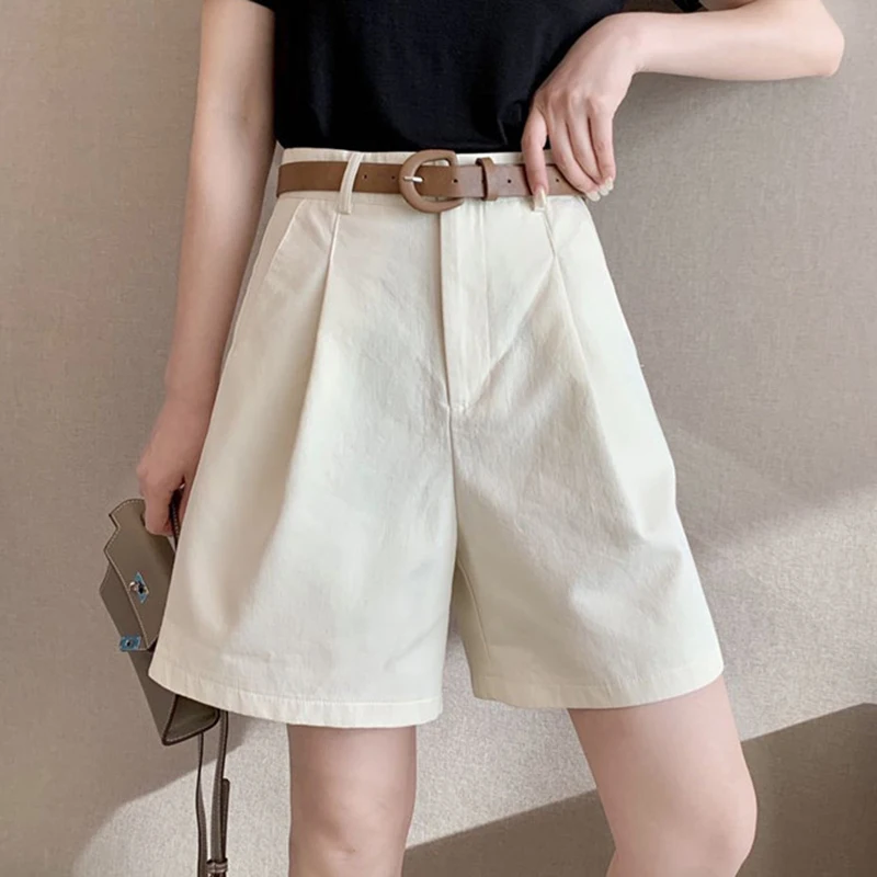 

GALCAUR Khaki Short Pant For Women High Waist Sashes Button Loose Casual Minimalist Solid Pants Female Fashion Clothes 2021 Tide