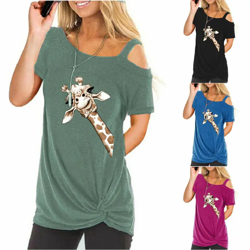

VICABO Womens Tshirts Cold Shoulder Giraffe Printed T-Shirt Casual Graphic Tee Famale Tops Summer Clothes Women 2021
