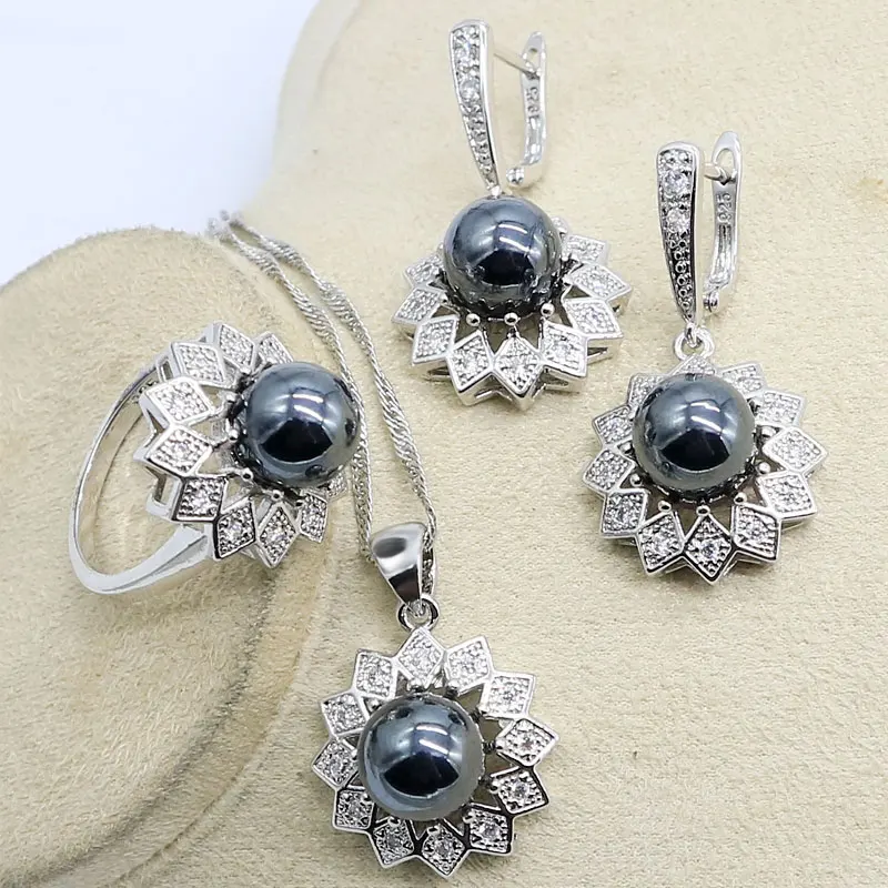 Наборы свадебных украшений серебряного цвета с натуральным черным жемчугом