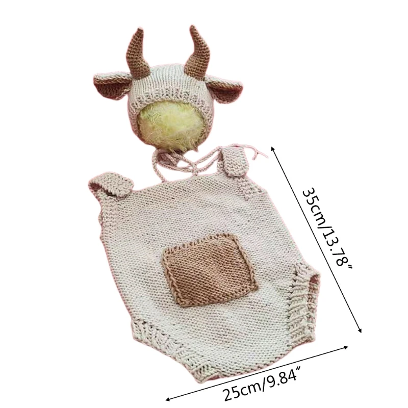 

2021 100 Days Baby Knitted Cow Ears Hat Romper Set Newborn Photography Props Cap Jumpsuit Kit Infants Photo Shooting Clothing