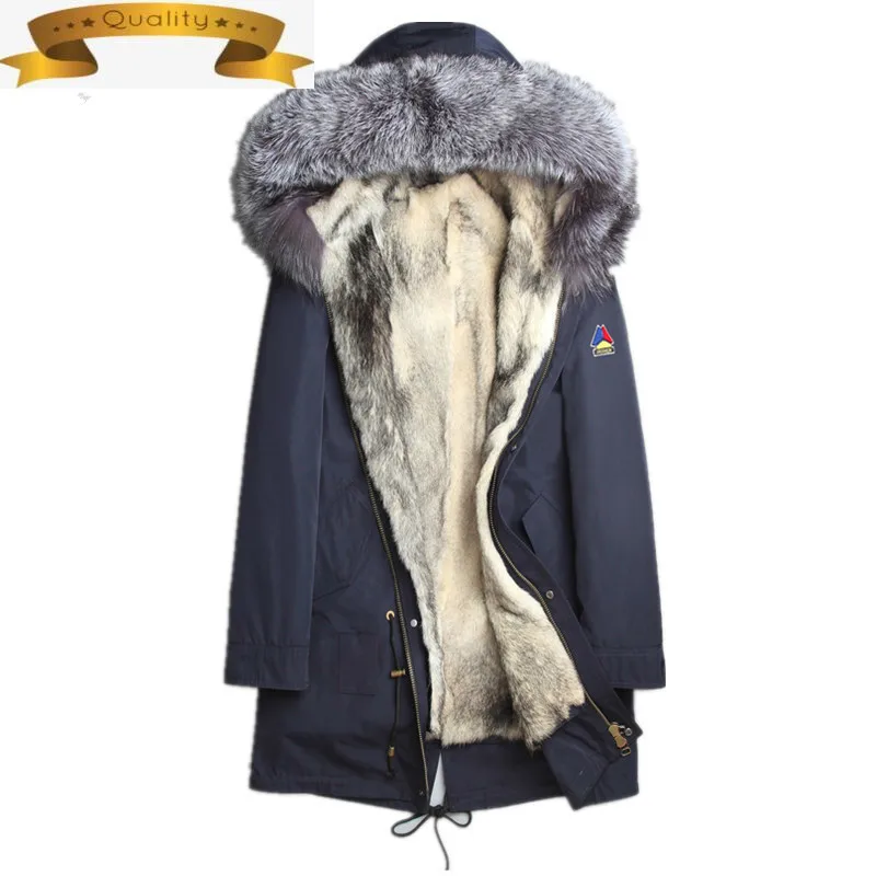 

Пальто из натурального меха волчья шкура с подкладкой куртка-парка зимняя куртка Для мужчин лисий меховой воротник теплая Куртка парка, зим...