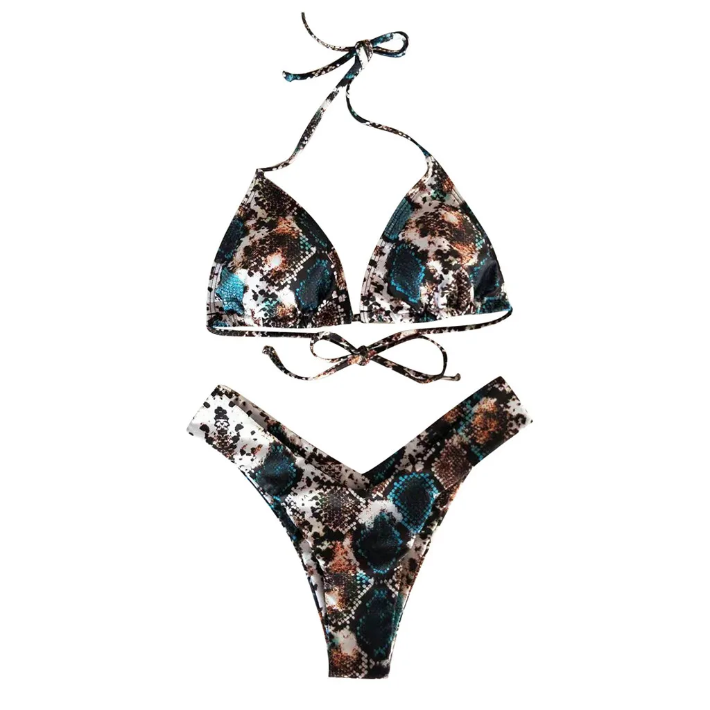 Chamsgend Women Swimwear Beach Snake Print Split Swimsuit Padded Push up Beachwear Low Waist Bikini Set | Женская одежда