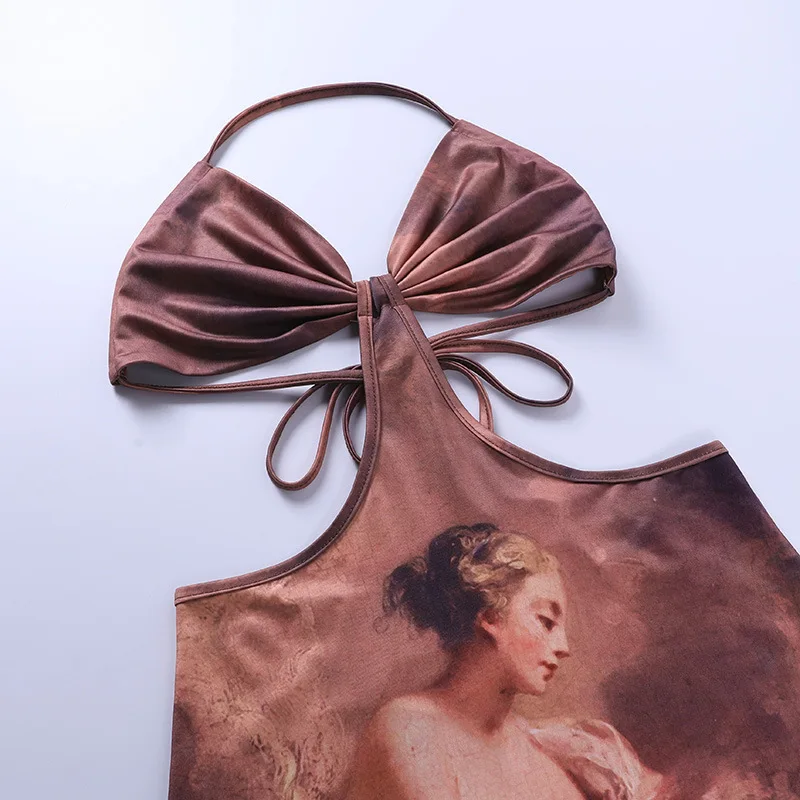 

Print Slit Waist Cut Out Dress Women Sexy Hollow Out Halter Bodycon Dress Strap Backless Pencil Summer Party Club Dress