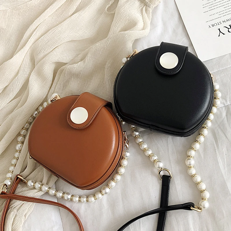

Elegant Female Round Bag 2020 Summer New Quality PU Leather Women's Designer Handbag Pearl Chain Shoulder Messenger Bag Purses