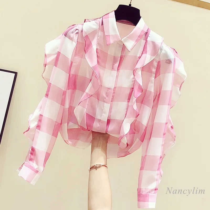 Plaid Shirt Women 2021 Spring and Summer New Korean Style Long Sleeve Loose Lotus Leaf Chiffon Blouse Girls Ladies All-Match Top