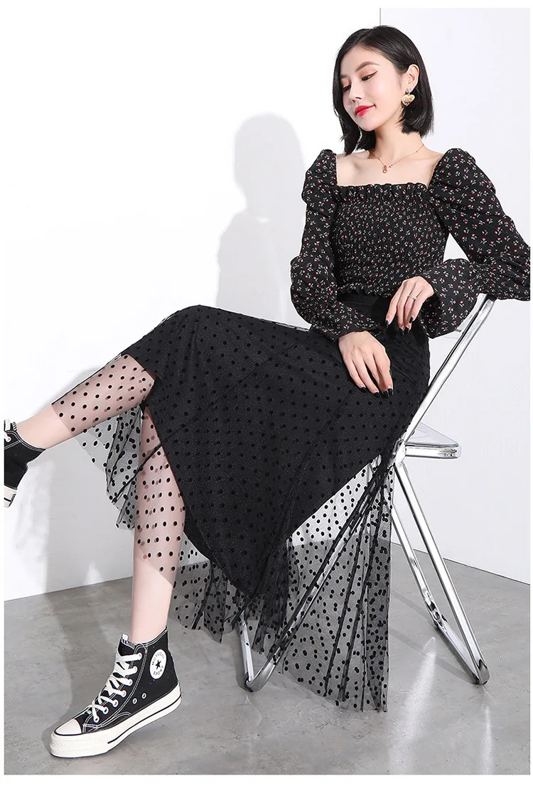 

Women Pleated Skirts Black Dot High Waist Mesh Spring Summer 2021 Korean Loose Casual Long Skirt Office Lady Elegant 6102