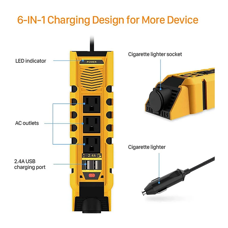 

Modified Sine Wave Voltage US Standard DC 12V to AC 110V 150W Car Transformer Power Solar Inverter Converter Dual USB Ports LCD