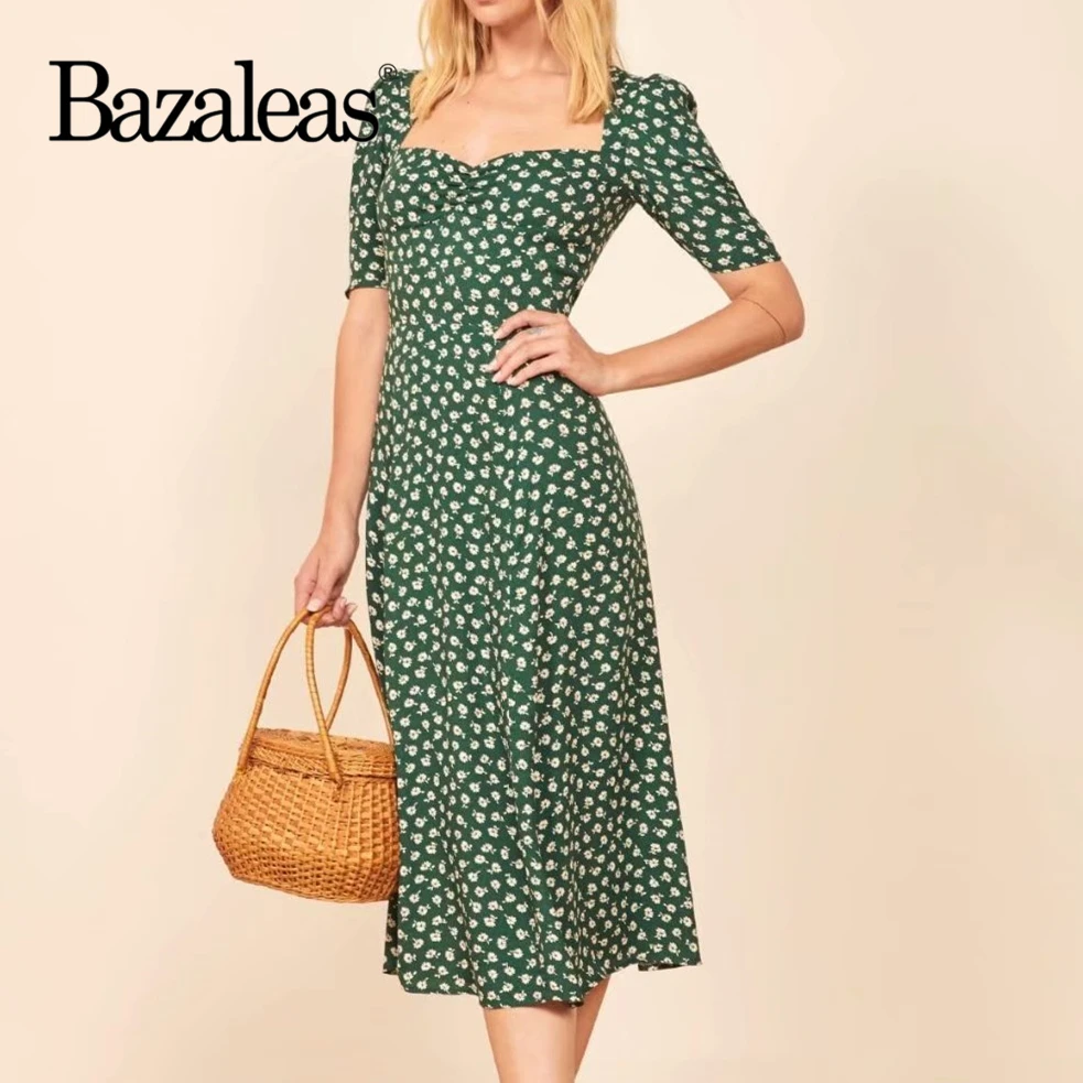 Bazaleas Франция зеленый цветочный принт женское винтажное платье миди vestidos ретро с