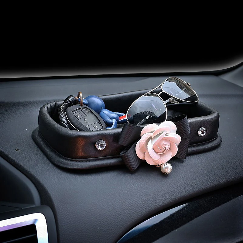 

Цветок камелии с кристаллами, автомобильный Органайзер, кожаный стеклянный Футляр для ключей, коробка для хранения автомобильной централь...