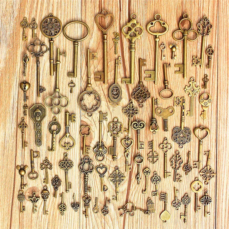 

1 Set Of 70pcs Antique Vintage Old Look Bronze Skeleton Keys Fancy Heart Bow Necklace Pendant