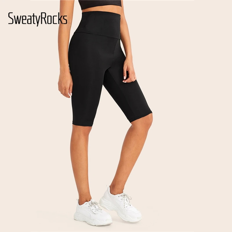 SweatyRocks черный широкий пояс на талию Твердые велосипедные шорты женская спортивная одежда Лето Athleisure Высокая талия обтягивающие байкерские шорты