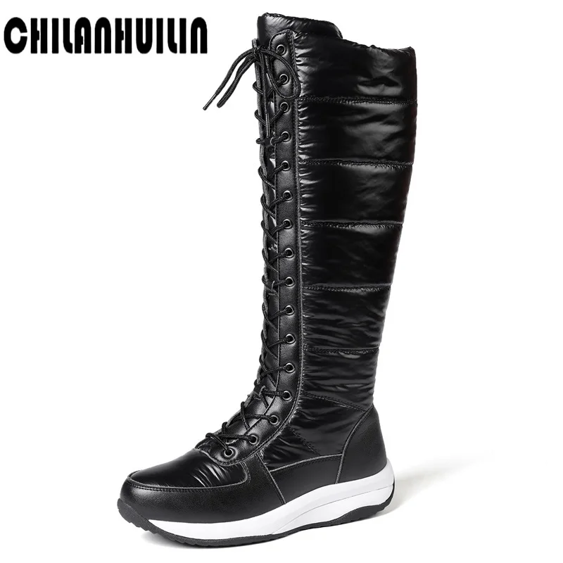 

classic zip warm shoes women knee high boots down+cow leather dress casual shoes woman wedges winter snow boots hot shoes woman