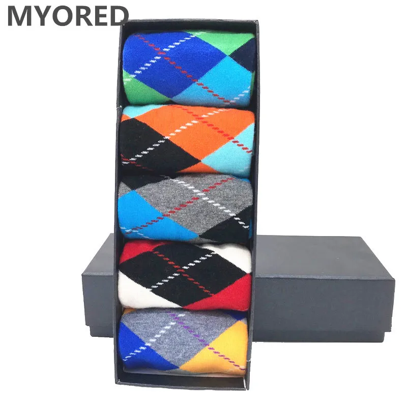 MYORED 5 пар/лот мужские хлопковые носки с узором ромбиками для мужчин повседневные
