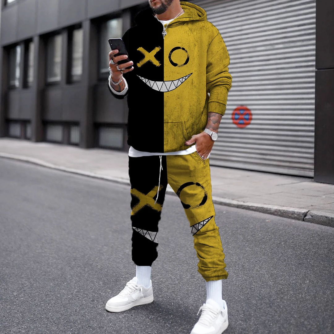 

Новинка 2022, свитер XO со смайликом, мужской повседневный костюм из двух предметов, костюм с 3D принтом, весна и осень, мужская модель большого р...