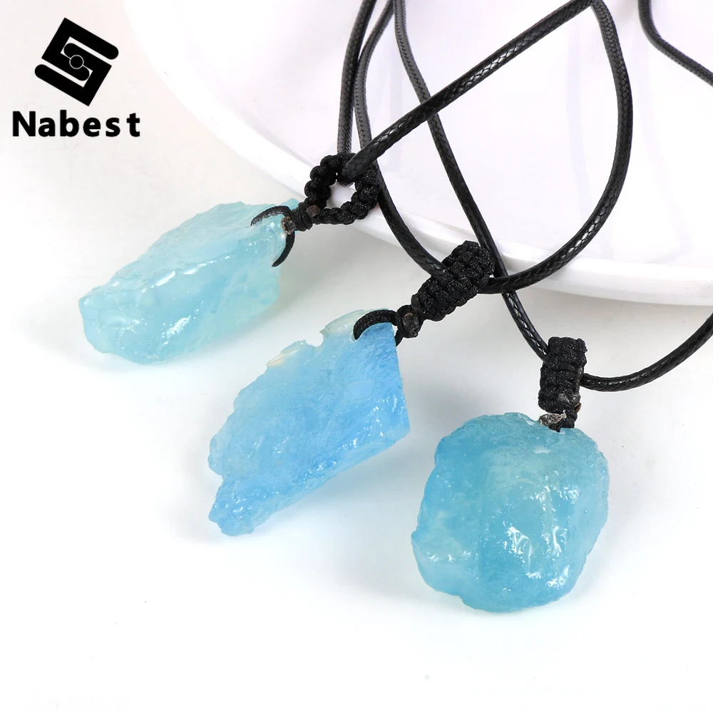 

Women Men Natural Raw Gemstone Blue Aquamarine Pendant Necklace Adjustable Waxed Rope Sweater Chain Jewelry Valentine's Gift