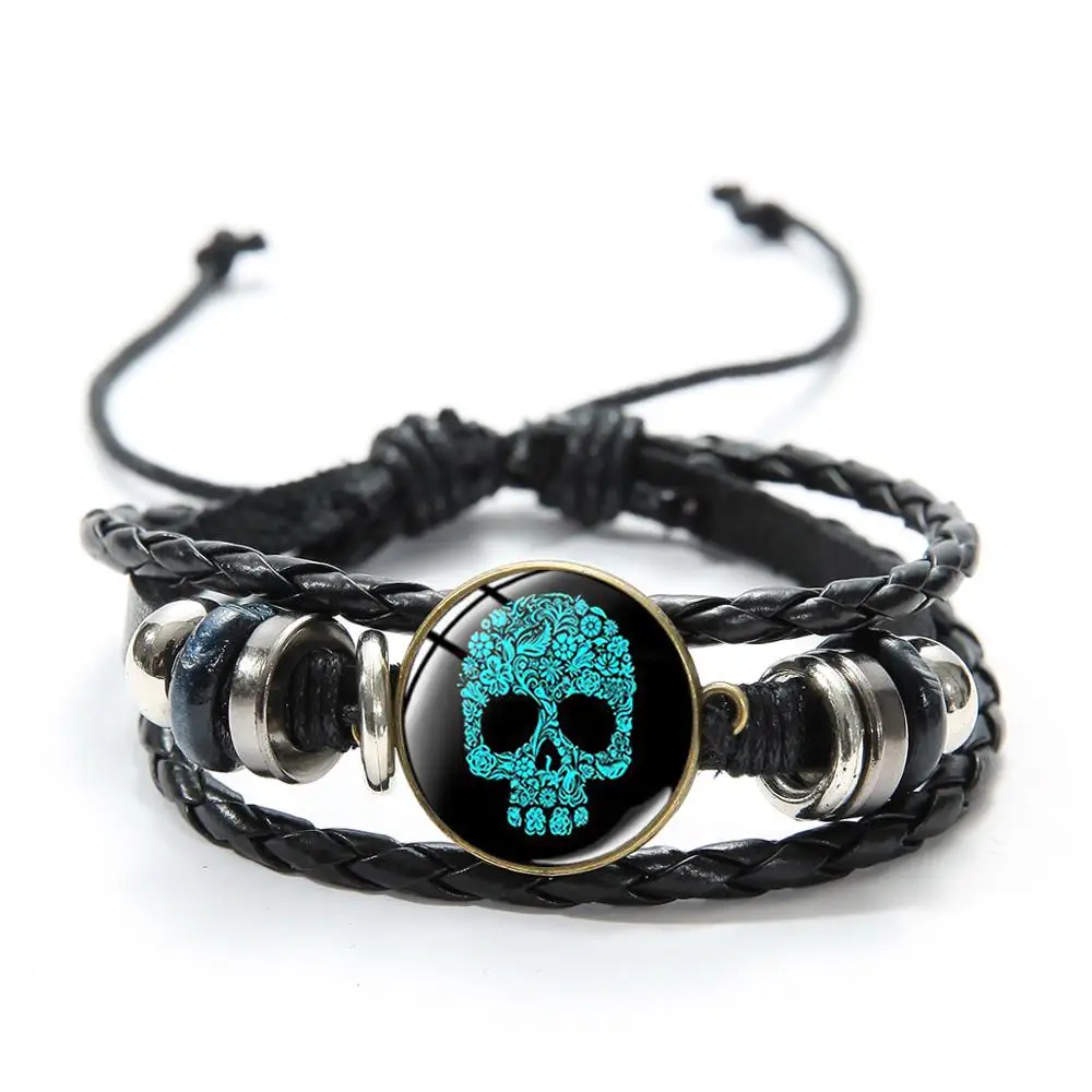 SIAN Sugar Skull Flower Photos Glass Gem Bracelet Day of The Dead Mexican Festival Celebrate Charm Multilayer Leather Bracelets | Украшения