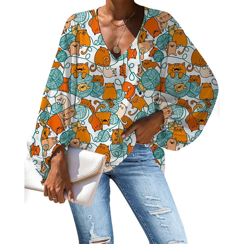 NOISYDESIGNS Women 2020 Summer Blouses Sexy Loose Cats Printing Ladies Tops V-neck Female Shirts Puff Sleeve Blusas Mujer | Женская