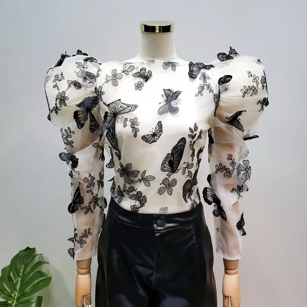 L77street Heavy Industry Mesh Butterfly Embroidered English Lantern Sleeve Perspective Slim Long Sleeve Thin Shirt