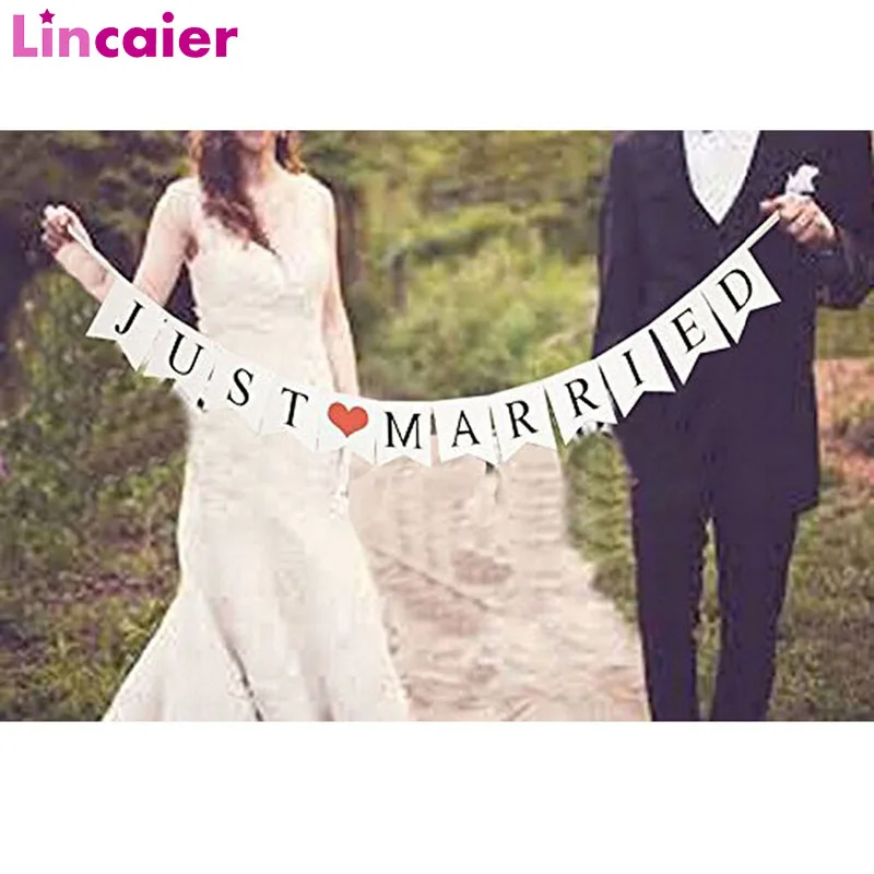

White Vintage Just Married Paper Banner Wedding Photo Booth Props Signs Garland Bridal Shower Party Table Decoration Supplies