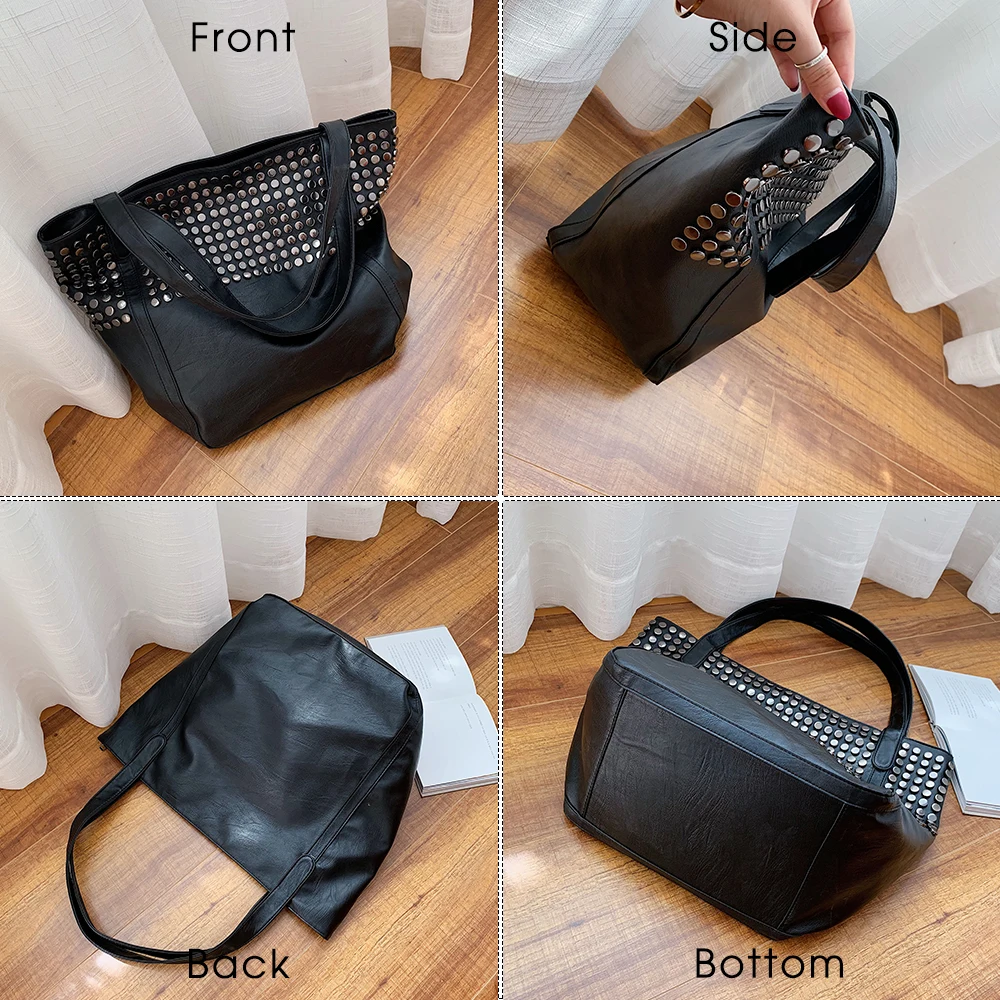 

Fashion Rivet Large Capacity Women Shoulder Bag Soft Casual Black Female Shopping Bag Lady Hobo Handbag Tote Travel Bag