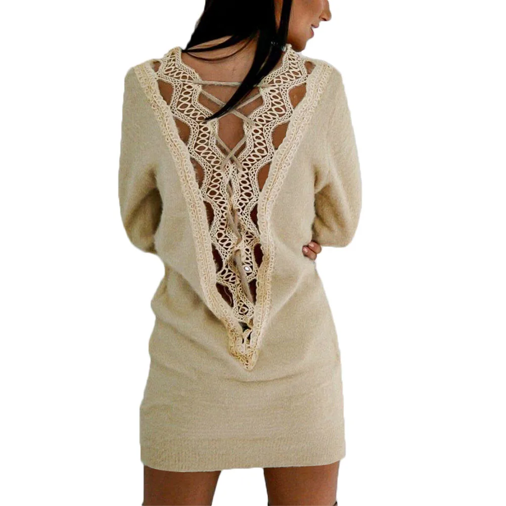 Женское платье-свитер цвета хаки с длинным рукавом открытая спина свободные топы